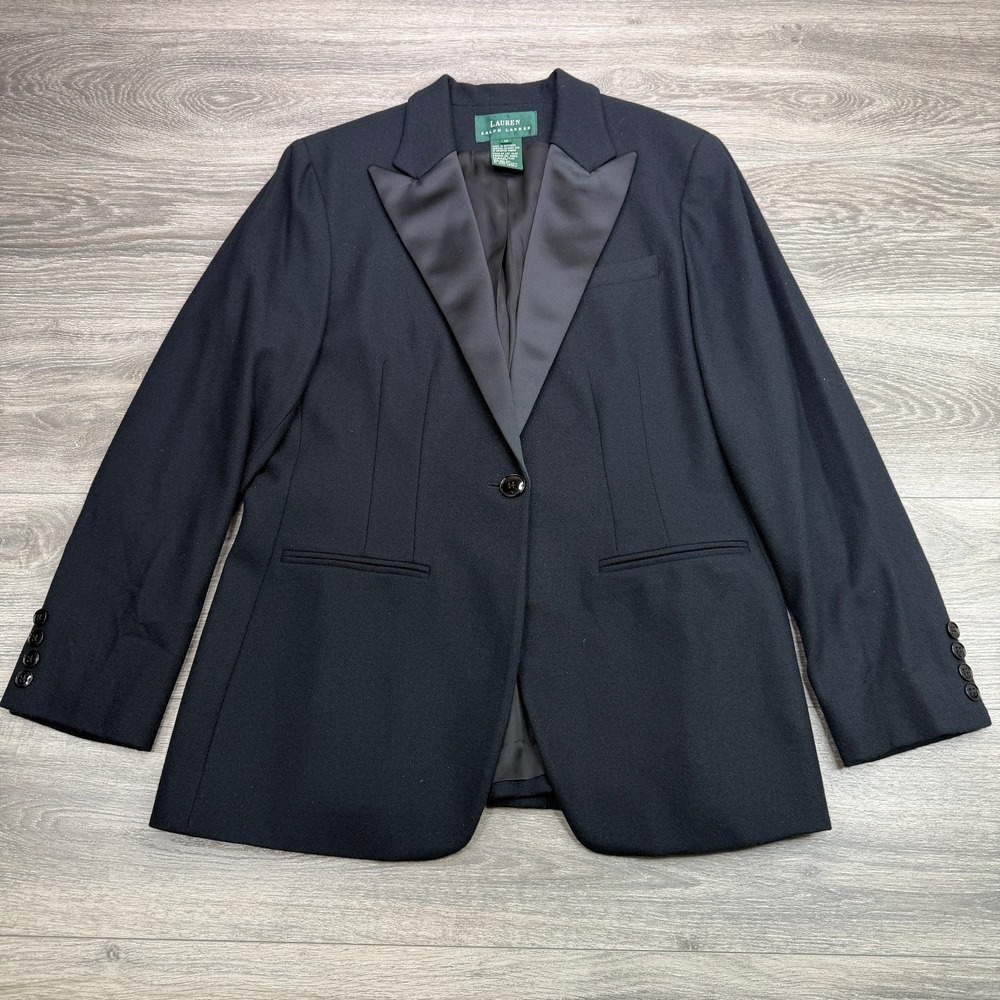 Lauren Ralph Lauren Blazer Womens 12 Black Wool Blend Satin Lapel Tuxedo Jacket